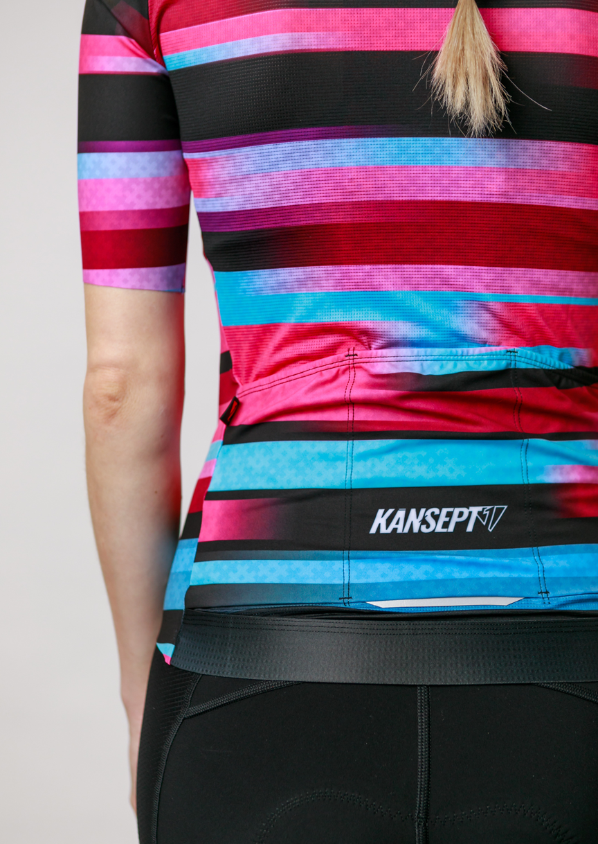 Kansept1 Women's ProSpec Rouleur HZ Jersey | EPYC Supporters | Sportivo stripes in Bright Blue + Hot Pink + Obsidian Black